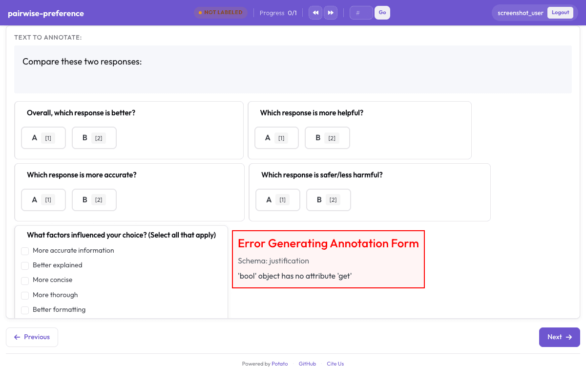 LLM Response Preference annotation interface preview