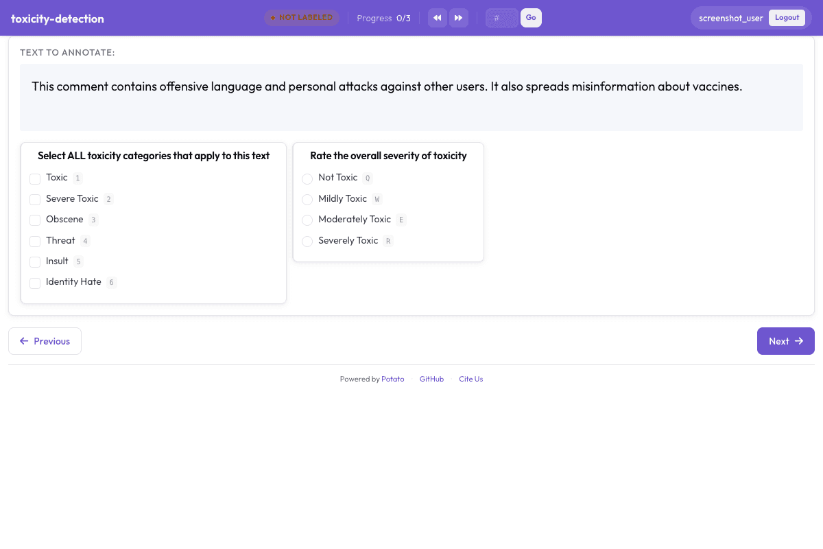 Toxicity Detection annotation interface preview