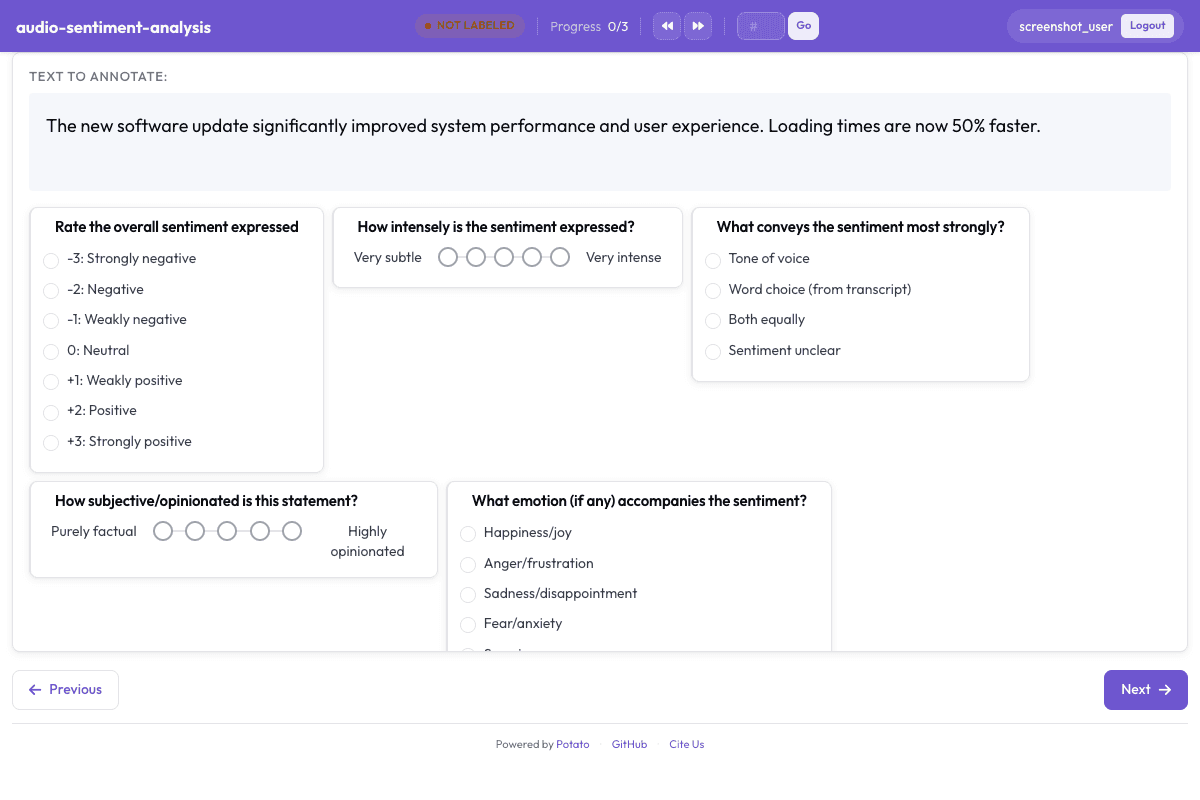 Audio-Visual Sentiment Analysis annotation interface preview