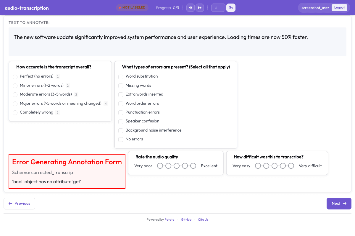 Audio Transcription Review annotation interface preview