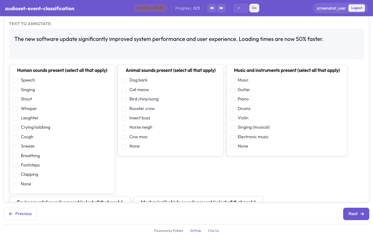 AudioSet Event Classification annotation interface preview