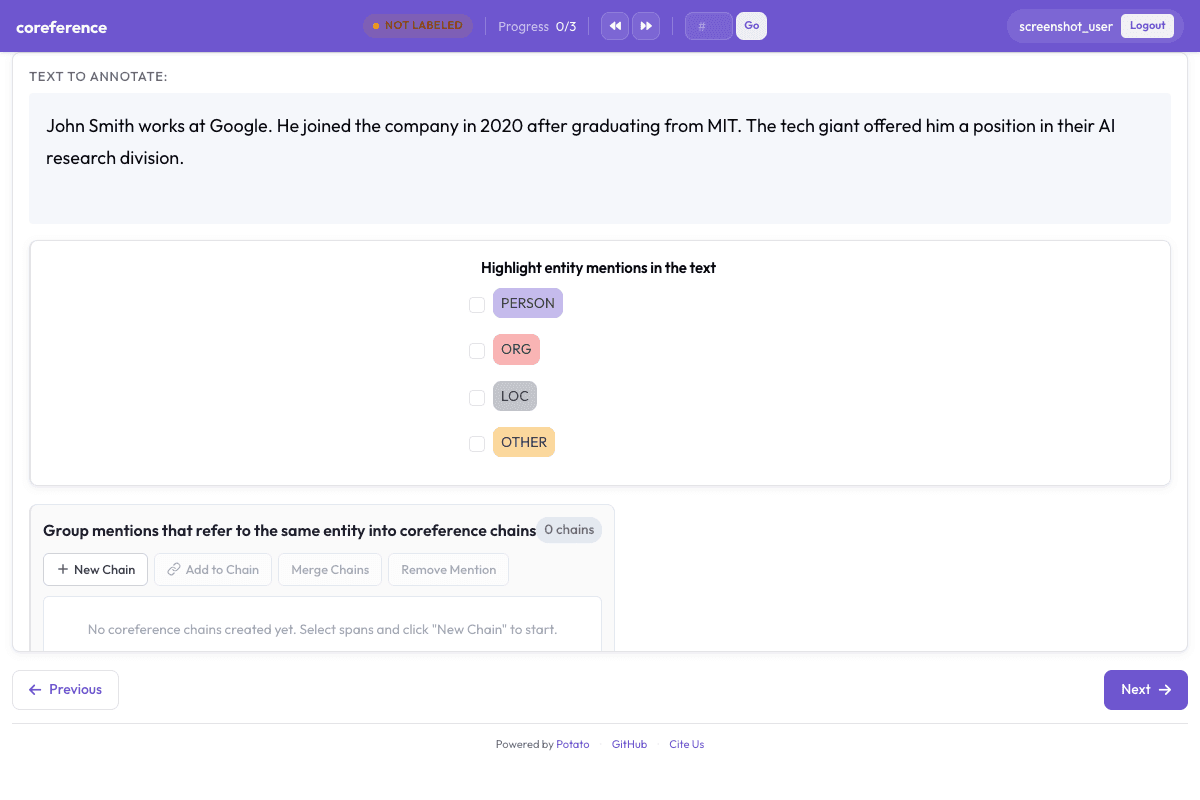 Coreference Chains annotation interface preview
