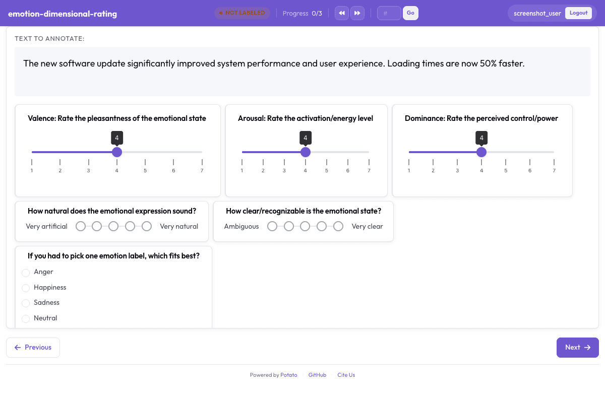 Continuous Emotion Rating annotation interface preview