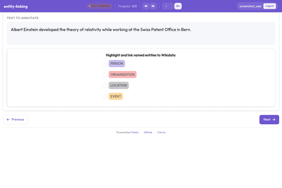 Entity Linking annotation interface preview