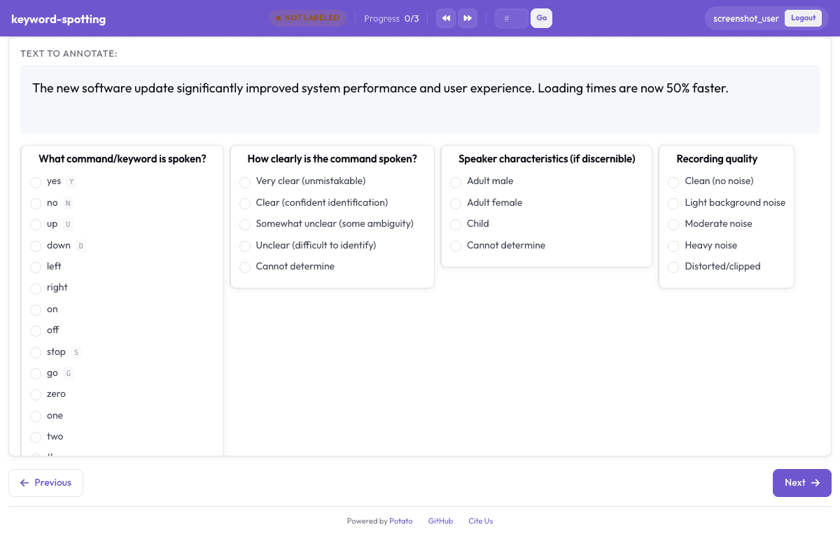 Keyword Spotting annotation interface preview