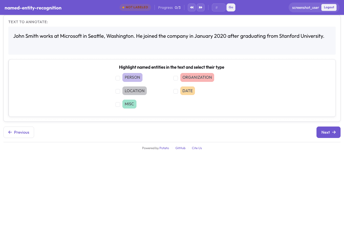 Named Entity Recognition annotation interface preview