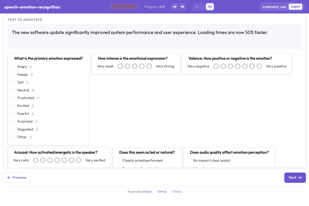Speech Emotion Recognition annotation interface preview