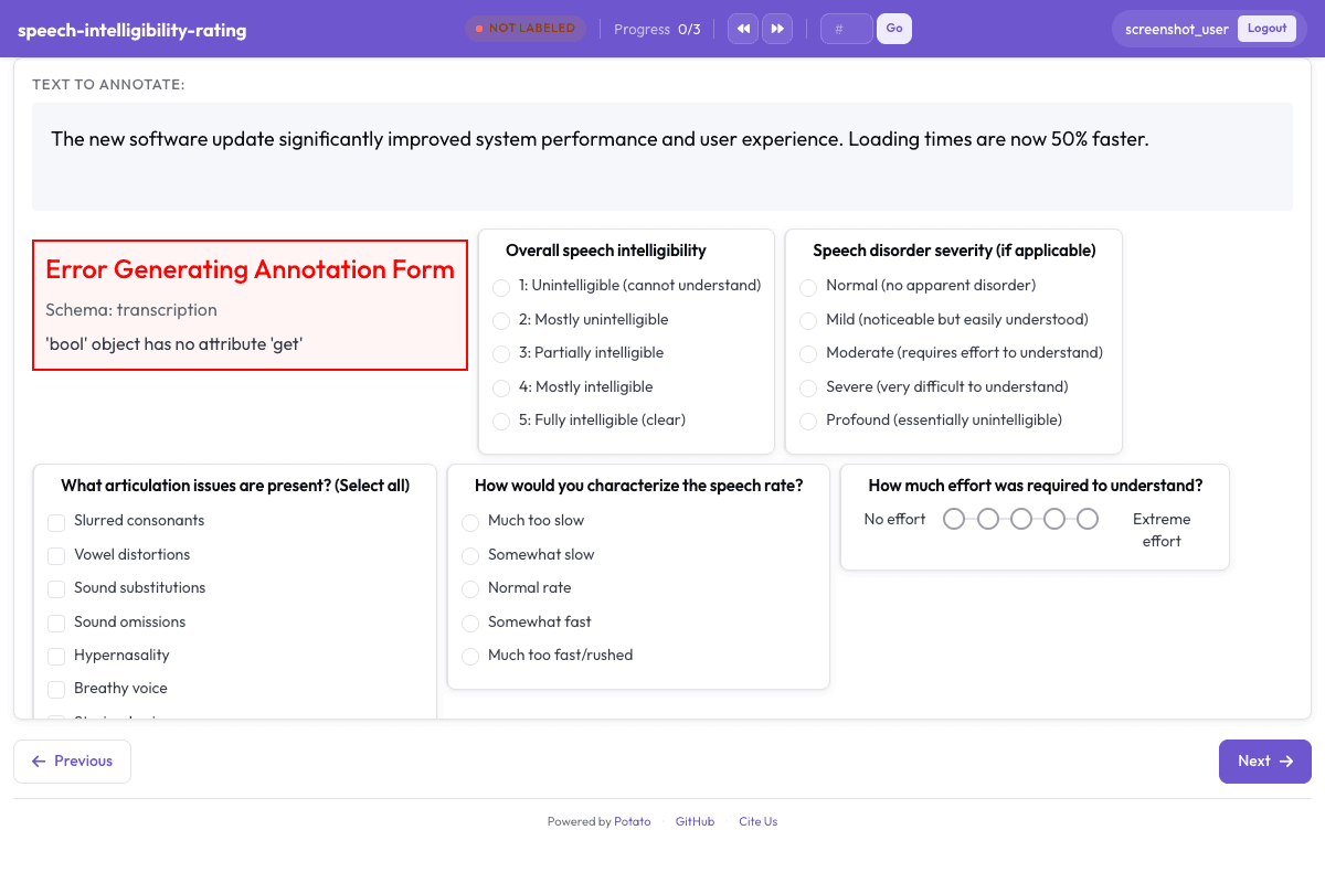 Speech Intelligibility Rating annotation interface preview