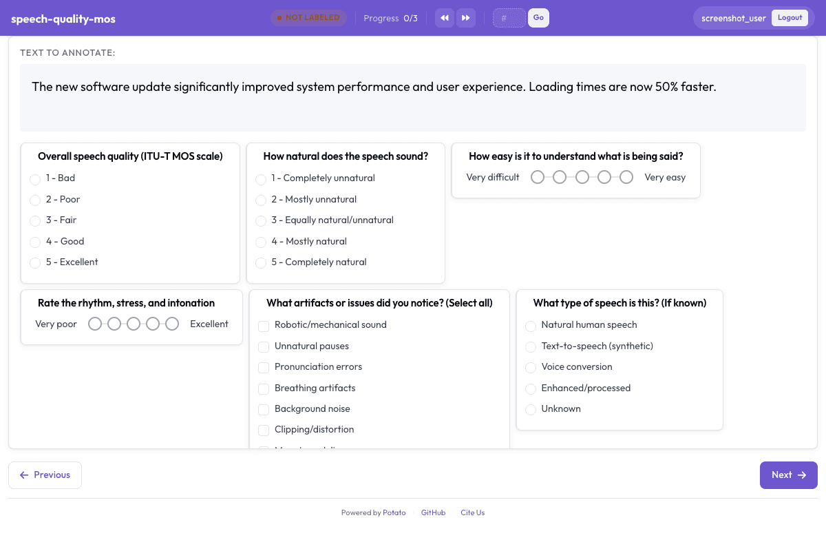 Speech Quality MOS Rating annotation interface preview