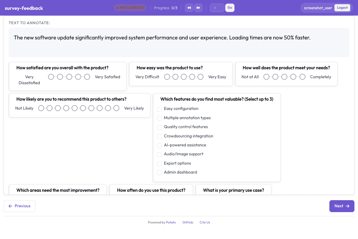User Feedback Survey annotation interface preview
