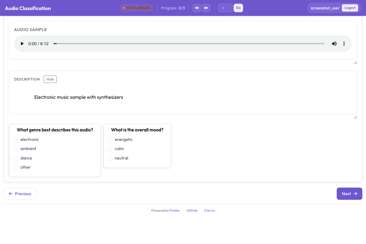 Audio emotion classification interface with waveform display and emotion labels