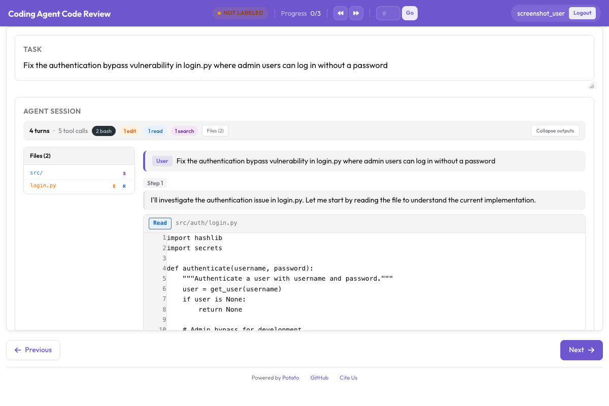 Code review annotation with inline diff comments and file ratings