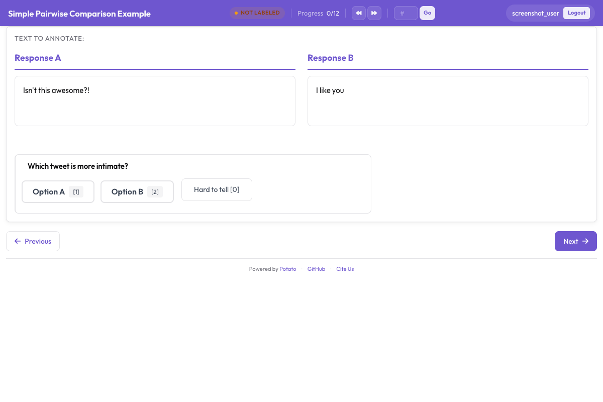 Pairwise preference selection interface