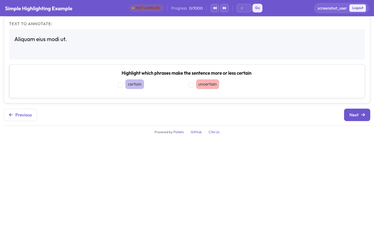 Named entity span annotation interface with color-coded entity types