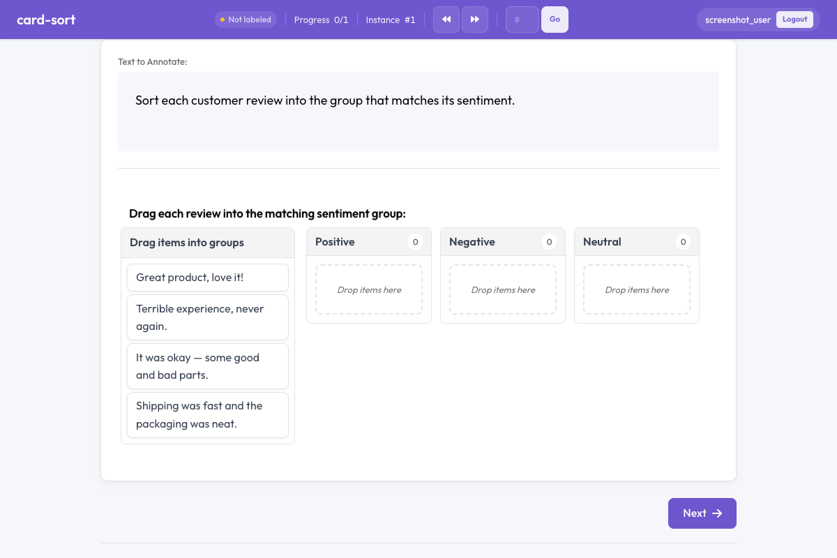 Potato card sort interface with reviews dragged into sentiment groups