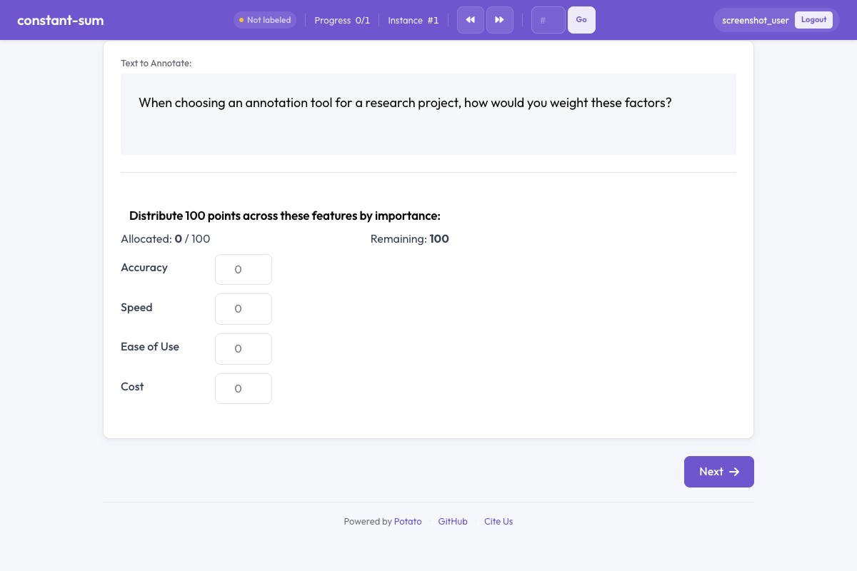 Potato constant-sum interface distributing 100 points across feature priorities