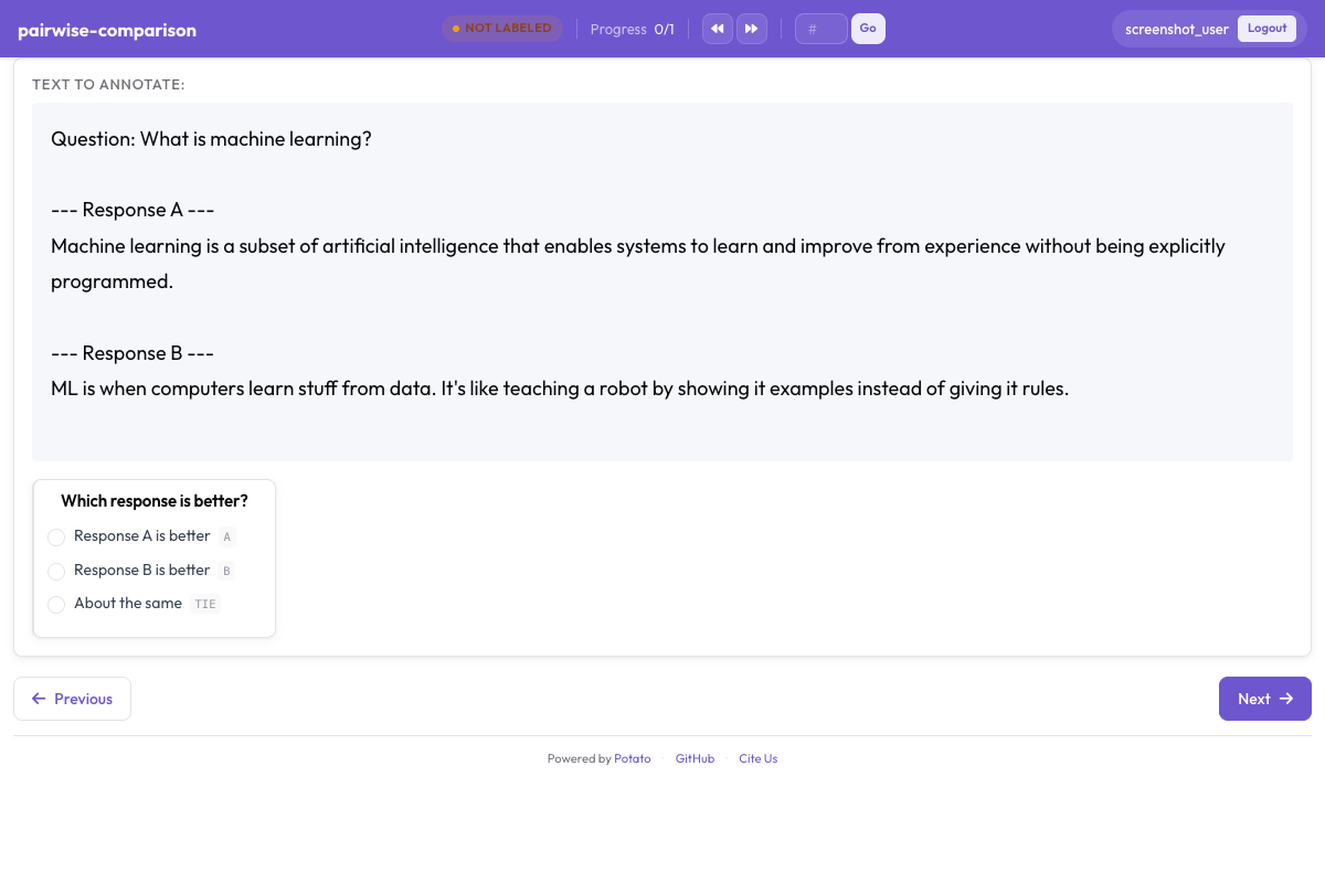 Pairwise comparison annotation interface