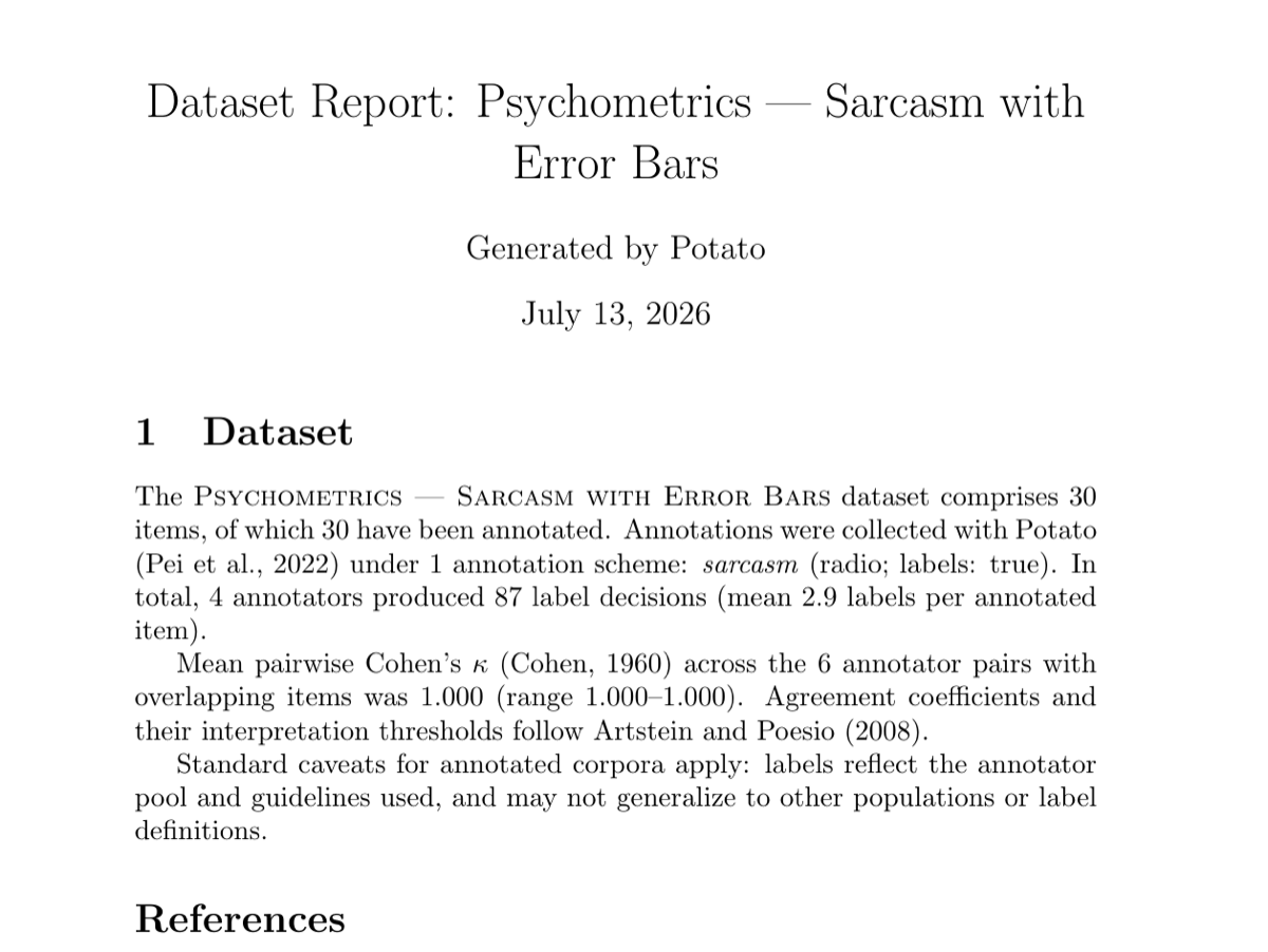 One command turns the project into a compilable LaTeX dataset report — methods section and all.