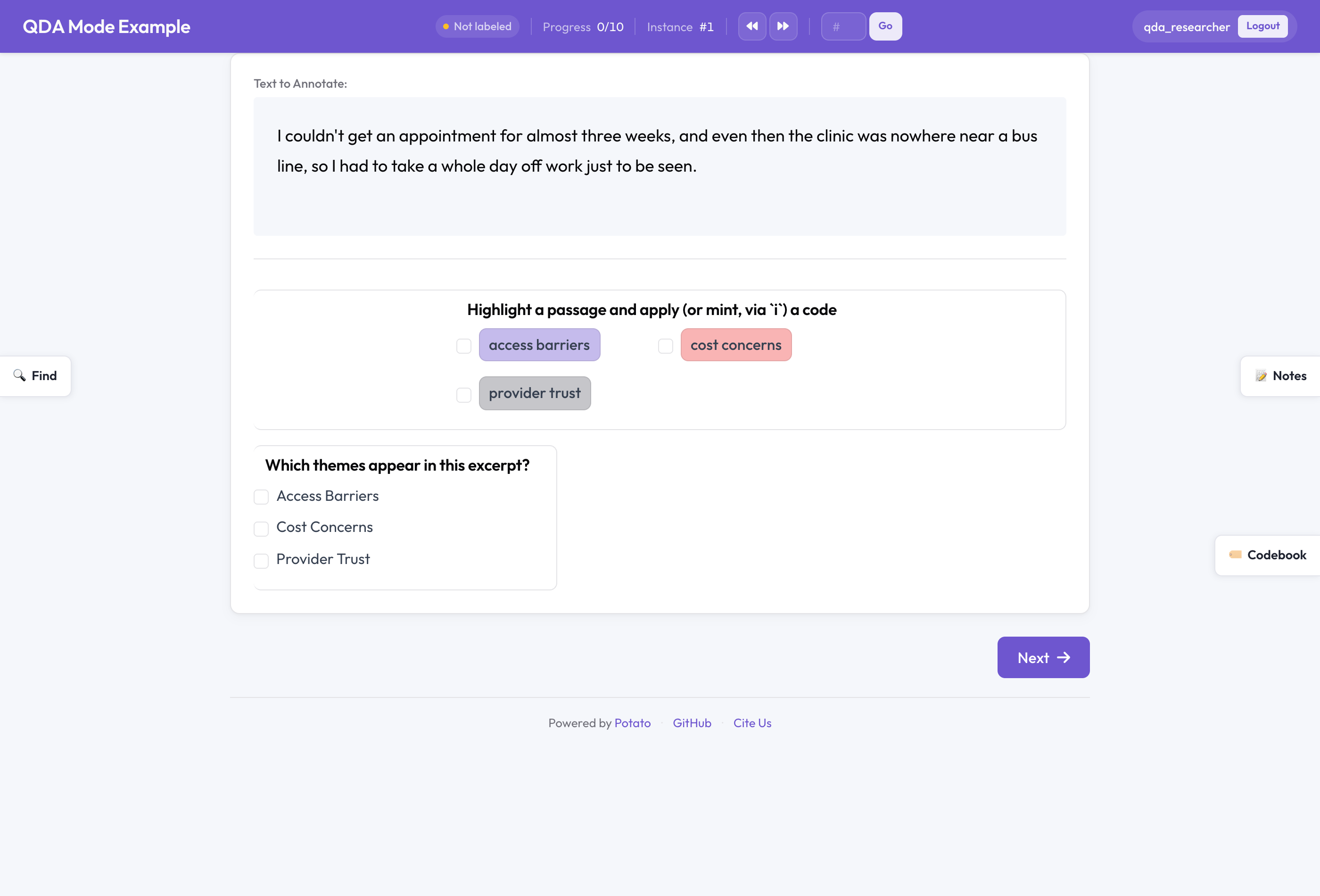QDA Mode workspace