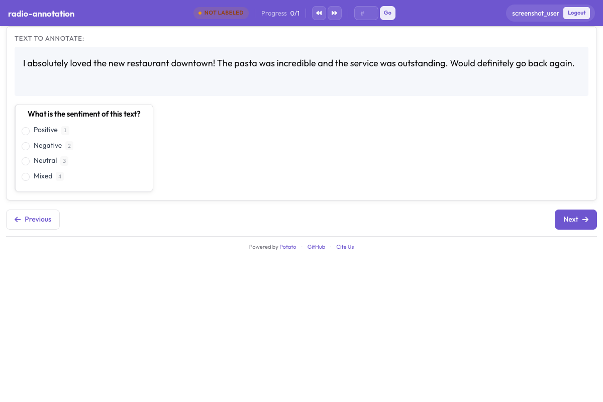 Radio and multiselect annotation interface