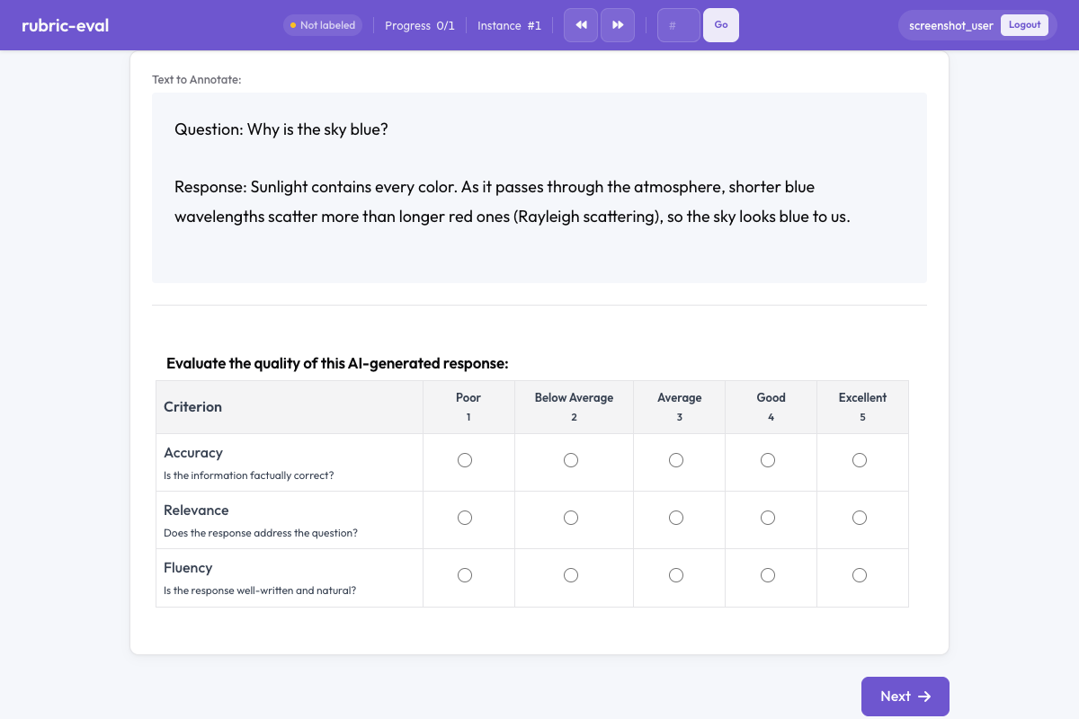Potato rubric evaluation grid scoring a response on accuracy, relevance, and fluency