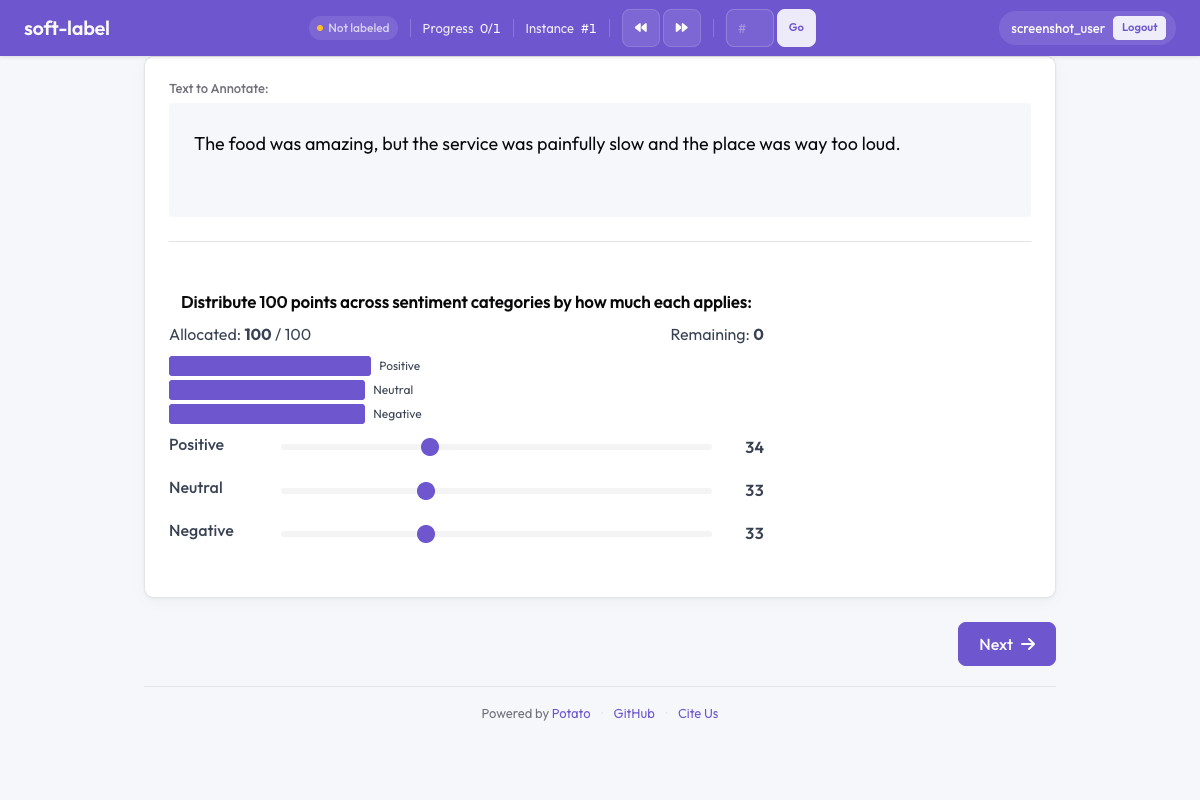 Potato soft-label interface distributing 100 points across sentiment categories