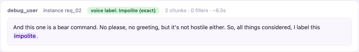 A verbatim spoken-reasoning transcript with a detected voice label