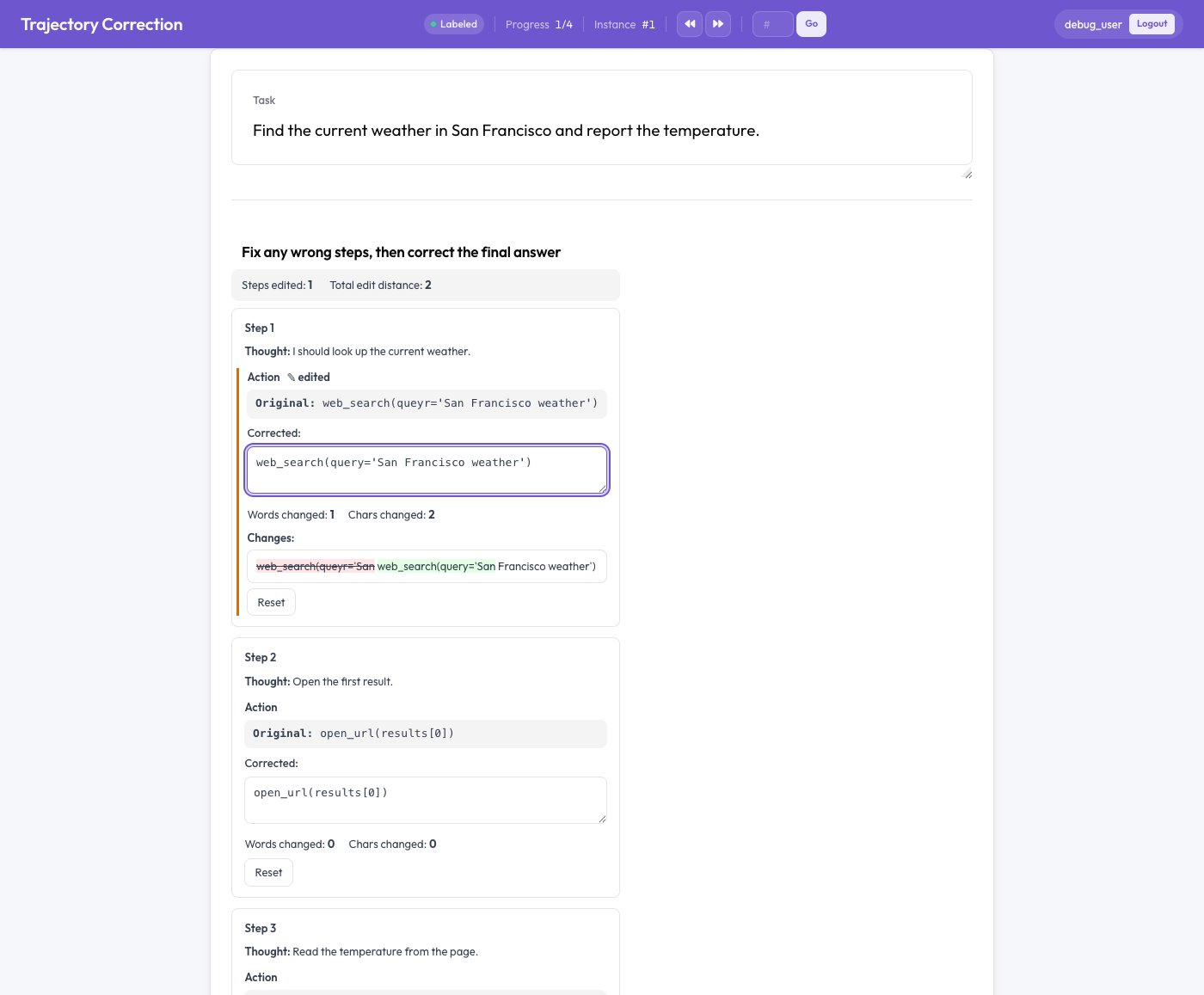 Trajectory correction editor with live diff