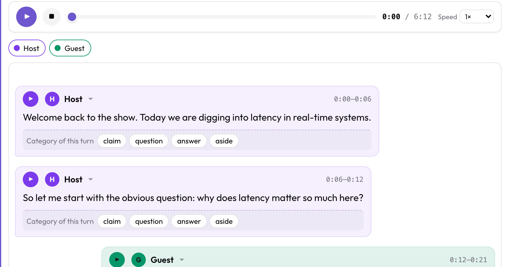 Transcript turns rendered as colored speaker bubbles with per-turn play buttons and an inline label question