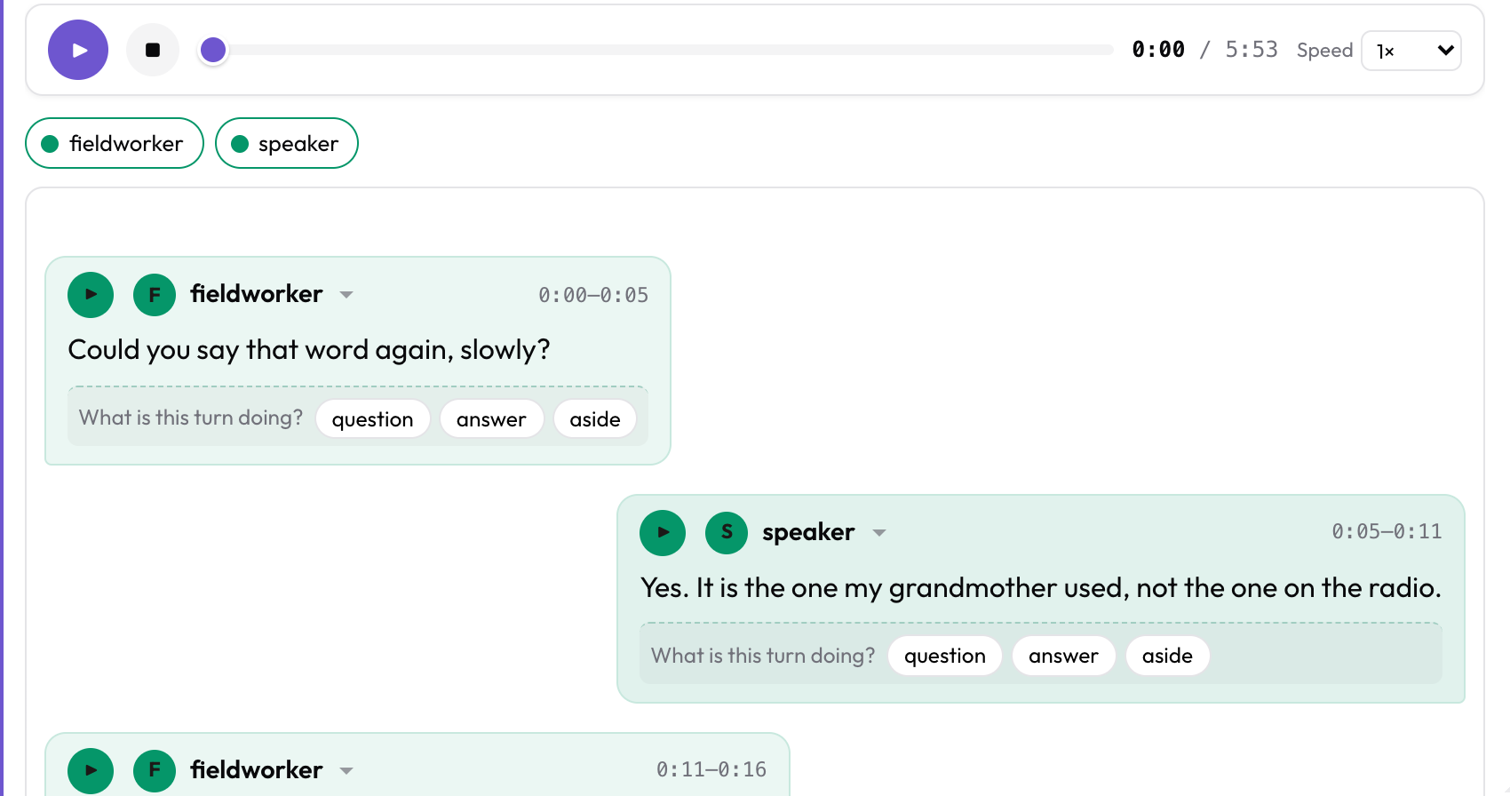 ملف Praat TextGrid معروض كمتحدثَين باسمي fieldworker وspeaker، واحد لكل طبقة، مع حذف فترات الصمت.